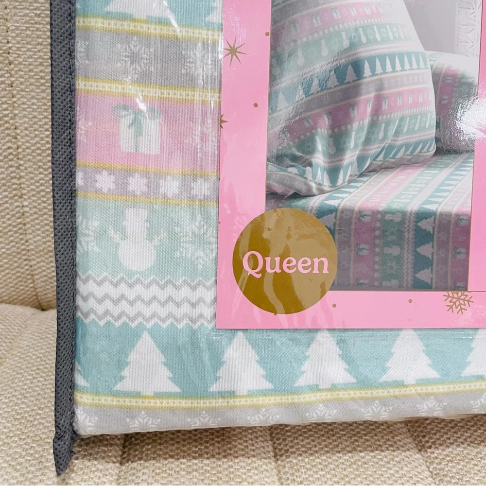 NEW Queen 4 Piece Sheet Set Winter Fun Stripe Christmas Snowman Trees Mint Pink